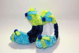 Turquoise, Royal and Lime Fuzzy Fur. Accented with Turquoise and Lime Polka Dot Bows DB08A